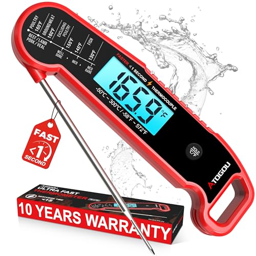 Atogou Professional Meat Thermometer Digital for Cooking Food, <1 Sec Instant Read & ±0.5℉ Accuracy, IP67 Waterproof, Thermocouple Sensor Probe, for Kithchen, BBQ, Grill, for Men Him Dad Birthday, Red - color: Red