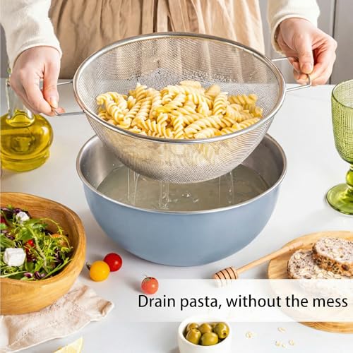 304 Stainless Steel Rice Washing Bowl and 40 Mesh Strainer Set, 3.5QT | 40-mesh strainer helps prevent grain loss while measurement marks and sturdy handles make rinsing and draining easier. - color: Gray