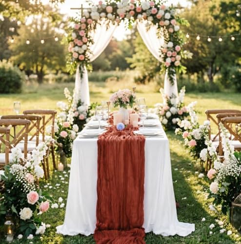 16 Pack Terracotta Cheesecloth Table Runner 35x120 Inch Boho Gauze Cheese Cloth Table Runner 10FT Long Rustic Sheer Table Runners for Wedding Bridal Shower Birthday Party Table Decor - style: Terracotta
