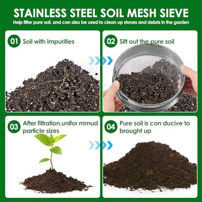 3Pcs Stainless Steel Garden Soil Sieve, 9.8" 7.9" 5.9" Stackable Soil Sifter Set,Gardening Soil Sifters Practical, Compost Sifter Compact Rock Sifter for Gardening