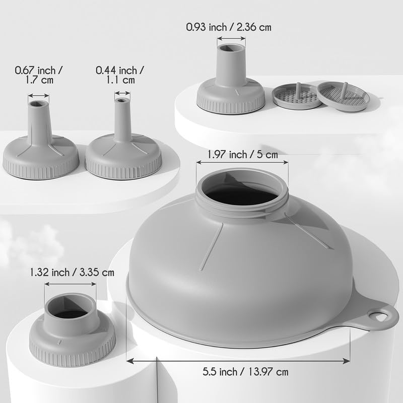 Pisol Wide Mouth Versatile Funnel, Canning Funnels for Kitchen Use, Food Grade Plastic Cooking Funnel Set with 4 Size Spouts and 2 Strainers for Filling Different Bottles and Bags, Grey
