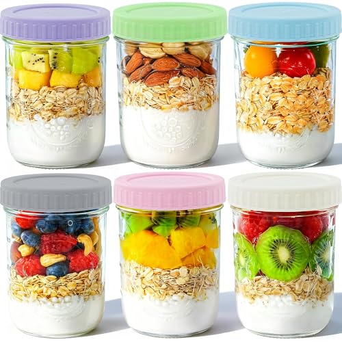 Miuyhji Overnight Oats Containers with Lids, 6-Pack Glass Mason Jars 16 oz with Lids Wide Mouth, Reusable Food Storage Containers for Snack, Chia Pudding, Yogurt, Meal Prep, Salad - size: 16 oz-6Pcs (Multicolor)