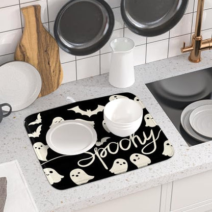 Halloween Dish Drying Mat for Kitchen Counter 16x18 Cute Ghost Black Spooky Holiday Scary Theme Absorbent Reversible Microfiber Drying Mats Kitchen Countertop Protector Dishes Drainer Pad - size: 16" x 18"