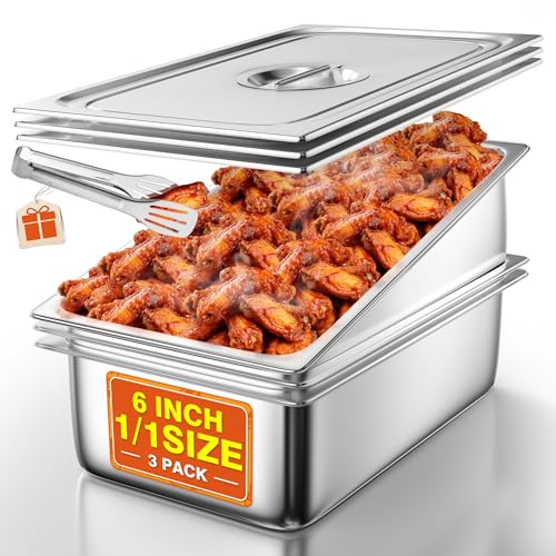 WantJoin Steam Table Hotel Pans with Lid 1/1 Full Size 6 Inch Deep 3 Pack, Stainless Steel Metal Tray Sets Food Storage Container, Commercial Restaurant Chafing Dishes Buffet Warmer Catering Supplies - color: 6" Deep 3 Pack, size: 1/1 Size
