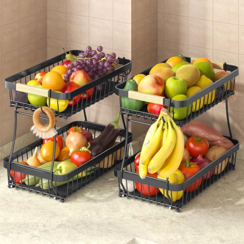 Sevenblue 2-Tier Fruit Basket with Banana Hangers, Detachable Metal Bowl | Wooden handle, protective mats included. Versatile holder for bread, snacks, and veggies. 2-Pack 2 tier metal design. - color: Black, size: 2-Pack
