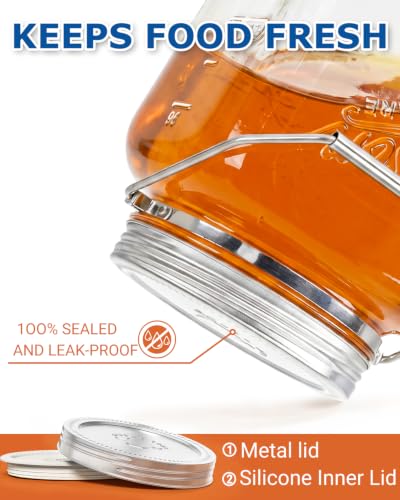 1 Gallon Glass Jars with Airtight Lid, 4.3" Wide Mouth Mason Jars, 2 PCS | Metal Screw Lid, Silicone Inner Lid, Handle and Non-Slip Base, BPA Free, 128 oz, Storage Containers for Flour, Sugar and Food