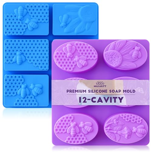 HKNMTT Silicone Bee Honeycomb Flower Oval Bar Molds, 6 Shapes 12 Cavities for Candy Soap Making Shower Steamer Homemade Bath Bomb Lotion Shampoo Bar Dessert DIY Set Non-stick Craft Food Grade 2 Pack - style: Bee & Honeycomb - 2PCS