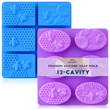 HKNMTT Silicone Bee Honeycomb Flower Oval Bar Molds, 6 Shapes 12 Cavities for Candy Soap Making Shower Steamer Homemade Bath Bomb Lotion Shampoo Bar Dessert DIY Set Non-stick Craft Food Grade 2 Pack - style: Bee & Honeycomb - 2PCS