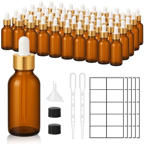 UPBUD 50Pack 1oz Amber Glass Dropper Bottles with Gold Lids, Funnels, Droppers, Extra Caps & Labels – Leakproof, UV Resistant 30ml Empty Bottle for Tinctures, Essential Oils, Beard, Hair Oils - color: Amber-gold-1oz, size: 1oz