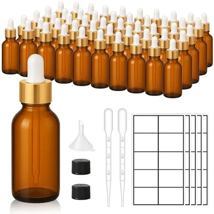 UPBUD 50Pack 1oz Amber Glass Dropper Bottles with Gold Lids, Funnels, Droppers, Extra Caps & Labels – Leakproof, UV Resistant 30ml Empty Bottle for Tinctures, Essential Oils, Beard, Hair Oils - color: Amber-gold-1oz, size: 1oz