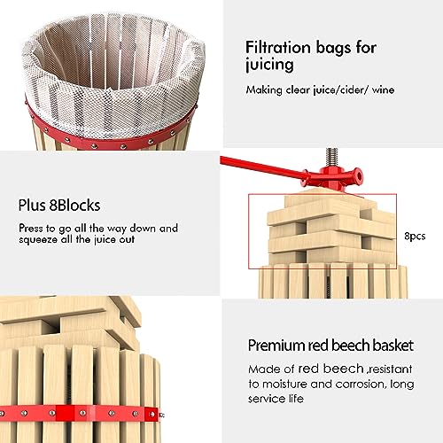 4.75 Gallon Fruit and Wine Press, Manual Cider Juice Maker with Solid Beech Wood Basket & Heavy-Duty Stand for Apples, Grapes, Berries - color: Red, size: 4.75 Gallon