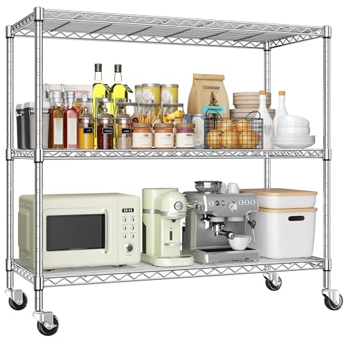 DurayLoly 45" W 3-Tier Metal Shelf on Wheels,450lbs,Kitchen, Laundry,Garage | 19mm chrome steel, 150 lbs/shelf, lock casters or switch to leveling feet, tool-free setup, fits pantry & bedroom - color: Chrome
