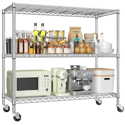 DurayLoly 45" W 3-Tier Metal Shelf on Wheels,450lbs,Kitchen, Laundry,Garage | 19mm chrome steel, 150 lbs/shelf, lock casters or switch to leveling feet, tool-free setup, fits pantry & bedroom - color: Chrome