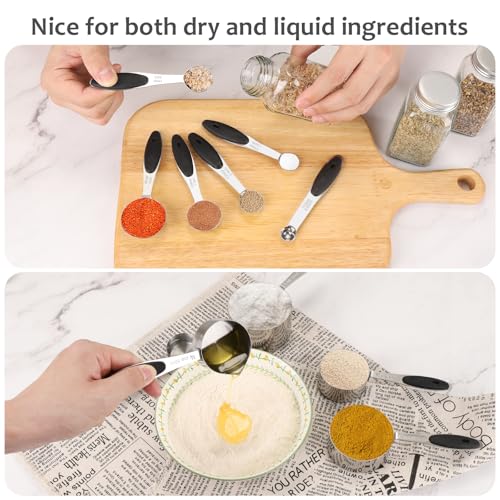 Accmor 11 Piece Metal Measuring Spoons Cups Set, Premium Stainless Steel Stackable Tablespoons Measurement kit, Kitchen Gadgets Cups and Spoon for Dry Liquid Ingredients Cooking Baking (Black Handle) - color: Silver/Black Handle