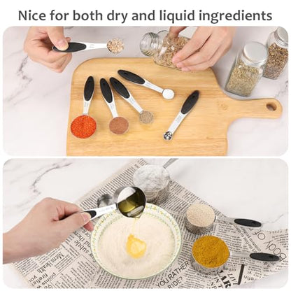 Accmor 11 Piece Metal Measuring Spoons Cups Set, Premium Stainless Steel Stackable Tablespoons Measurement kit, Kitchen Gadgets Cups and Spoon for Dry Liquid Ingredients Cooking Baking (Black Handle) - color: Silver/Black Handle