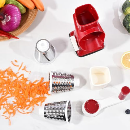 Rotary Cheese Grater with Handle Kitchen Shredder Slicer Grater Slicer Ice Shaver Cheese Vegetable Nuts Potato Zucchini Chocolate 3 Interchangeable Blades (RedWhite) - color: RedWhite