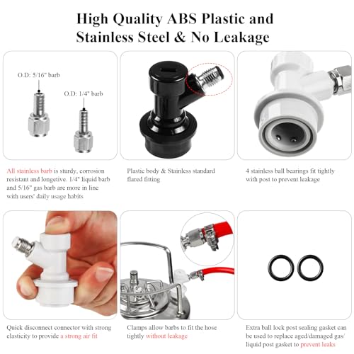 1 Pairs Corny Keg Ball Lock Quick Disconnect Set, Home Brewing Cornelius Keg Parts Ball Lock Keg Fittings with Stainless 5/16'' Gas 1/4'' Beer Barb Swivel Nuts Hose Clamp for Keg Post Coupler