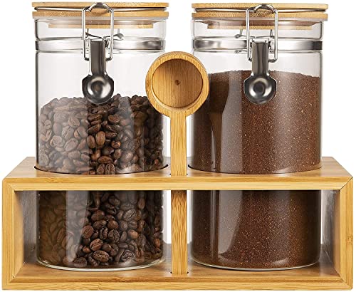 Yangbaga Ground Coffee Storage Container with Shelf, 2×45OZ Glass Coffee and Sugar Container Set, Coffee Canisters with Airtight Lids and Scoop, Food Storage Jars for Kitchen,Nuts,Tea,Sugar