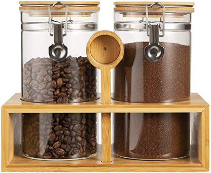 Yangbaga Ground Coffee Storage Container with Shelf, 2×45OZ Glass Coffee and Sugar Container Set, Coffee Canisters with Airtight Lids and Scoop, Food Storage Jars for Kitchen,Nuts,Tea,Sugar