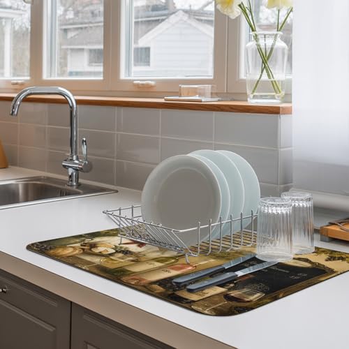 Chef Dish Drying Mats for Kitchen Counter, Wine Bottles Grapes Cheese Rustic Farmhouse Absorbent Coffee Bar Mat with Non-slip Rubber Backed Quick Drying Dish Rack Pad 16"x24" - size: 24" x 16"
