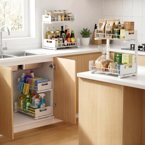 Delamu 2-Pack Under Sink Organizer, 2 Tier Pull out Under the Kitchen Sink Storage, Slide out Cabinet Organizer Shelf, Metal Sliding Drawer for Bathroom Pantry Closet Organization Rack, White
