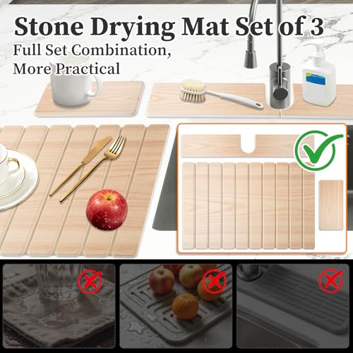 Diatomaceous Stone Drying Mat for Kitchen Counter with Sink Faucet Mat, Wooden Parrten Design Absorbent Quick Dry Dish Drying Mat Set, Diatomite Stone Slat Countertop Pad for Dishes, Cups - color: Wood