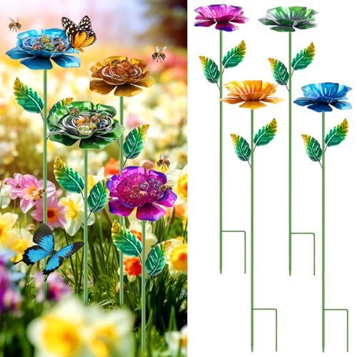 4 Pack Bee Watering Station, Metal Bee Feeder with Glass Marbles, Flower Design Bee Butterfly Watering Station Bee Waterer for Outdoor Garden Courtyard Decors
