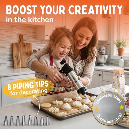 Cookie Press Gun Kit 23 in 1 - Stainless Steel Cookie Maker with 13 Discs, 8 Piping Tips & Silicone Baking Mold - Cookie Making Kit for DIY Baking