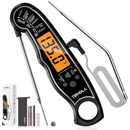 TEMOLA Meat Thermometer, Instant Read Food Thermometer for Cooking, Digital Food Thermometer with LCD Backlight for Candy Fry Grill BBQ Liquids, Kitchen Oven Safe Dual Probe 2 in 1 Thermometer - color: Black