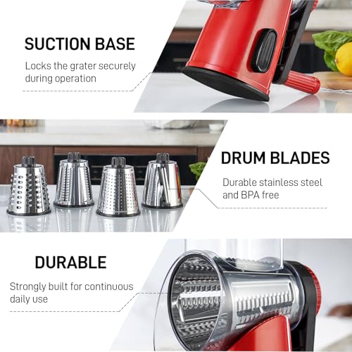 VEKAYA Rotary Cheese Grater Hand Crank with 4 Interchangeable Stainless Steel Blades, Large Manual Handle Shredder and Waffle Slicer for Vegetables, Cheese and Nuts with Table Suction Base (Red) - color: Red