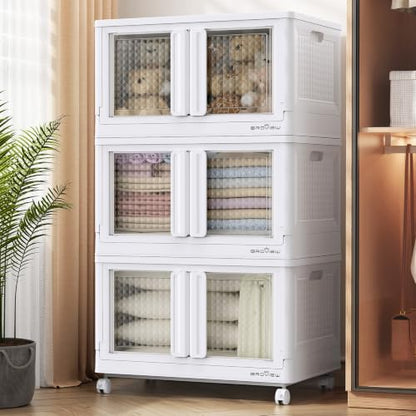 BROVIEW 300Qt Plastic Foldable Storage Bins with Lids & Doors, 75Gal Stackable Closet Organizer and Storage Drawers with Wheels, Collapsible Storage Cabinet, Shelves for Home Kitchen, V10 3Pack White