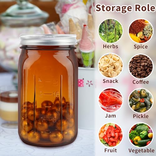 CARBLIN 4 Pack Mason Jars 32 oz, Amber Wide Mouth Canning Jars with Airtight Lids, Glass Pint Jars with Bands Labels Brush, Large Storage Quart Jars for Jam Fermenting Preserving - color: Amber
