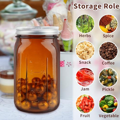 CARBLIN 4 Pack Mason Jars 32 oz, Amber Wide Mouth Canning Jars with Airtight Lids, Glass Pint Jars with Bands Labels Brush, Large Storage Quart Jars for Jam Fermenting Preserving - color: Amber