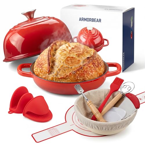 Enameled Cast Iron Bread Oven 5 Qt with Starter Kit, Round Dutch Oven with Lid for Sourdough Baking, Baking Kit Includes Silicone Sling, Banneton & Lame, Complete Artisan Bread Set - color: Red, size: Bread Oven & Baking Kit