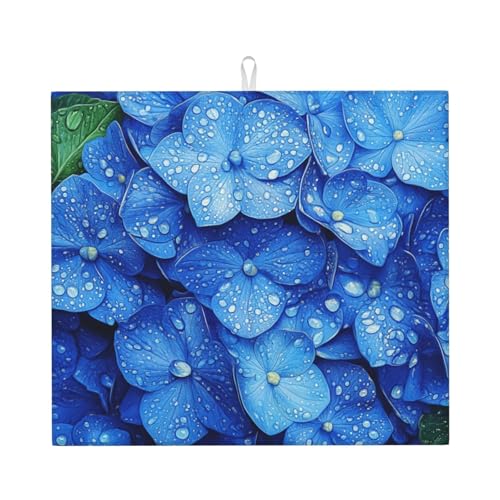 Dish Drying Mat Hydrangeas Flower Blue for Kitchen Counter Absorbent 16x18 Inch Microfiber Dishes Plate Glass Dry Draining Pad Reversible Washable - color: C033, size: 16" x 18"