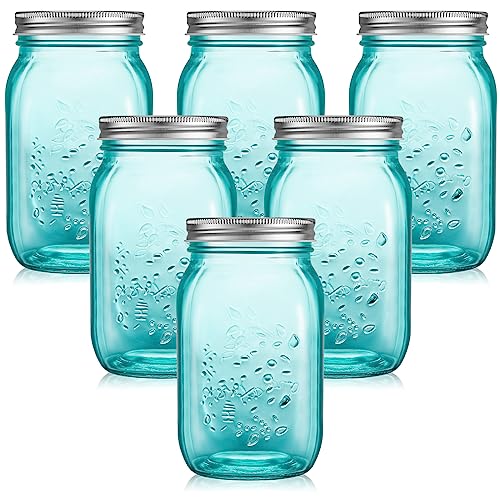 Yinder 6 Pack 32 oz Mason Jars with Lids Bulk, Durable Wide Mouth Vintage Color Glass Canning Jars for Storage Canning Fermenting Pickling DIY Crafts & Decor, Dishwasher Not Allowed(Turquoise) - color: Turquoise