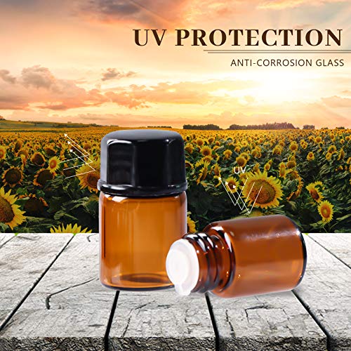 100 Pack 2ml (5/8 Dram) Amber Mini Glass Essential Oils Sample Bottles with Black Caps for Essential Oils, Perfumes & Lab Chemicals (30ml Measuring Cup and 5 Droppers Included)
