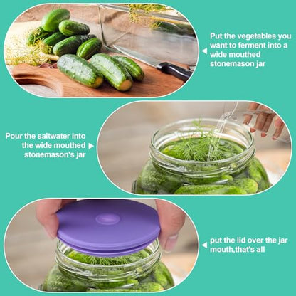 Wide Mouth Mason Jar Fermentation Lids – Silicone Fermenting Caps with Waterless Airlock, Self-Burping Fermenter Tops for Pickles, Kimchi, and Probiotic Foods, 3 Pack Purple (Jars Not Included) - color: Purple