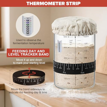 RYTOXILO Sourdough Starter Jar Kit, 50 Oz Glass Large Sour Dough Jars Wide Mouth for Beginners, 10 Pcs Bread Starter Container Set with Bamboo Lid, Sourdough Jar with Bread Baking Supplies Accessories - size: 2 Jars+8 Accessories