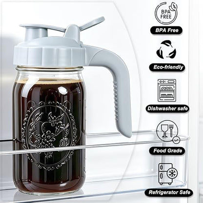 Glass Pitcher With Lid 32 OZ 2 Pack Mason Jar Breast Milk Storage with Pour Spout Airtight & Leakproof 1 Quart Wide Mouth Water Jug With Flip Cap For Cold Brew Coffee Iced Tea Sun Tea Lemonade Juice