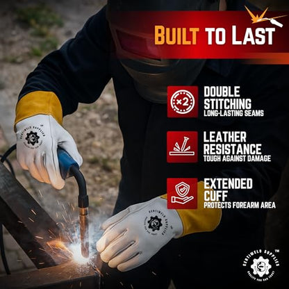 CertiWeld Supplies Leather Welding Gloves – Heat Resistant Work Gloves –Protection Sleeves for BBQ, Gardening, Manual Work - size: Medium