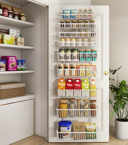 Mefirt White 9-Tier Over The Door Pantry Organizer, Pantry Organization and Storage, Deep Baskets Hanging Heavy-Duty Metal, Wall Spice Rack Seasoning Shelves for Home & Kitchen, Laundry Room Bathroom - color: White, size: 9-Tier (16.54"W)