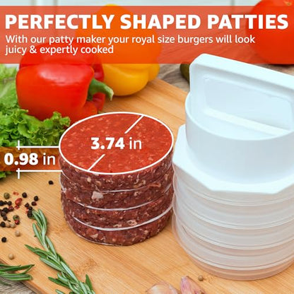 Hamburger Press Patty Maker - 4 in 1, Burger Mold, Patty Press, 10 Storage Containers, 100 Round Papers - Hamburger Patty Maker Tool for BBQ - Burger Shaper for Meat, Veggie Patties