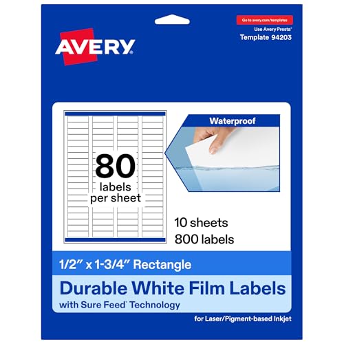 Avery Printable Durable White Rectangle Labels, Sure Feed Technology, 0.5" x 1.75", Waterproof Labels, Laser & Pigment-Based Inkjet Compatible, 800 Total - style: 800 labels