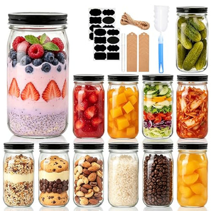 QAPPDA 32 OZ Glass Jars with Lids Set of 12,Clear Wide Mouth 1000ML Glass Mason Jar with Airtight Lid,Durable Glass Food Storage Canning Jars for Pickles,Jams,Preserving - size: 32oz - Black Lid