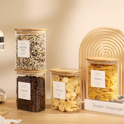 4 Pack Square Glass Pantry Storage Containers with 132 Kitchen Food Pantry Labels - 34 floz Clear Glass Pantry Jars with Airtight Wood Bamboo Lids - Glass Canisters for Tea, Cereal, Coffee, Spice - size: 34oz-4pack