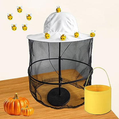 17pcs Beekeeper Set Includes1pc Beekeeper Veil Hat 5pcs Wool Felt Bees 10pcs Round Double Sided Tape 1pc Yellow Felt Bucket for Bee Keeper Catcher Halloween Costume for Adult