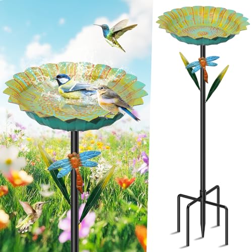 Sunflower Bird Bath for Outside, Vintage Metal Birdbaths Birdfeeder with Dragonfly Decor, Standing Bird Feeder Bath Bowl for Outdoor Yard Lawn Patio Art Decor Green - color: Green