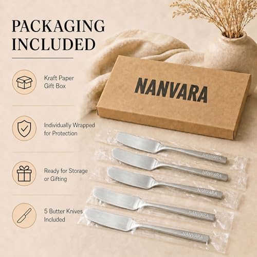 Butter Spreader Knives Set of 5, 304 Stainless Steel Butter Knife Set, Dishwasher Safe Cheese Spreaders for Charcuterie, Jam and Cream Cheese