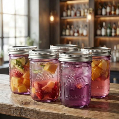 WELLIFE 6-Pack Mason Jars 16 oz with Lids – Purple Wide Mouth Glass Mason Jars, Airtight Leak-Proof Canning Jars for Food Storage, Fermenting, Pickling, Freezing, and Crafts - color: Pink Mason Jars 16oz-6Pcs